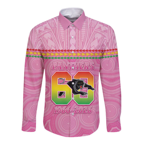 Penrith Panthers Rugby Custom Long Sleeve Button Shirt 60 Years Anniversary Pink Polynesian Aboriginal Art