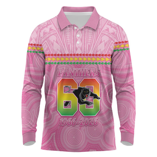 Penrith Panthers Rugby Custom Long Sleeve Polo Shirt 60 Years Anniversary Pink Polynesian Aboriginal Art
