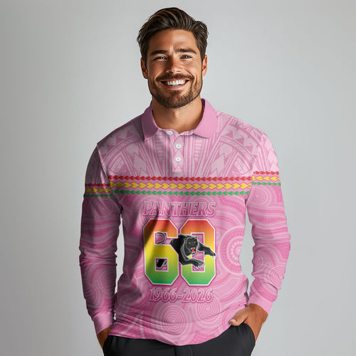 Penrith Panthers Rugby Custom Long Sleeve Polo Shirt 60 Years Anniversary Pink Polynesian Aboriginal Art