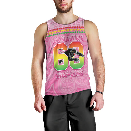 Penrith Panthers Rugby Custom Men Tank Top 60 Years Anniversary Pink Polynesian Aboriginal Art