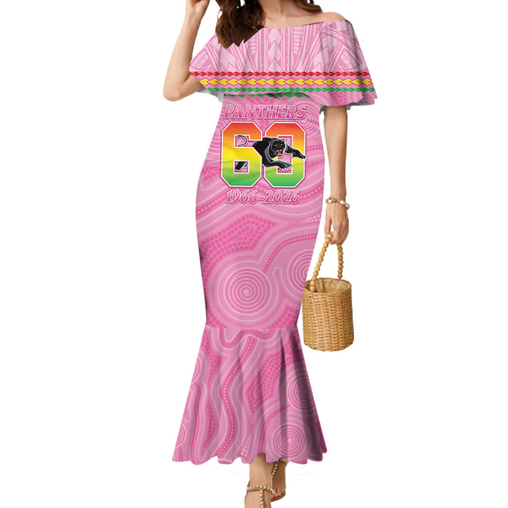 Penrith Panthers Rugby Custom Mermaid Dress 60 Years Anniversary Pink Polynesian Aboriginal Art