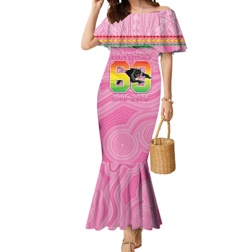 Penrith Panthers Rugby Custom Mermaid Dress 60 Years Anniversary Pink Polynesian Aboriginal Art