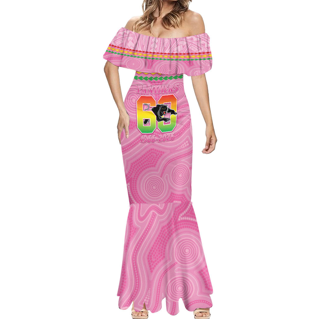 Penrith Panthers Rugby Custom Mermaid Dress 60 Years Anniversary Pink Polynesian Aboriginal Art