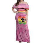 Penrith Panthers Rugby Custom Off Shoulder Maxi Dress 60 Years Anniversary Pink Polynesian Aboriginal Art