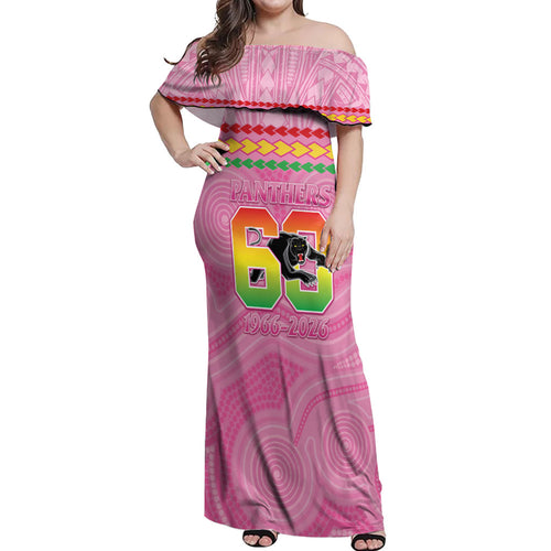 Penrith Panthers Rugby Custom Off Shoulder Maxi Dress 60 Years Anniversary Pink Polynesian Aboriginal Art