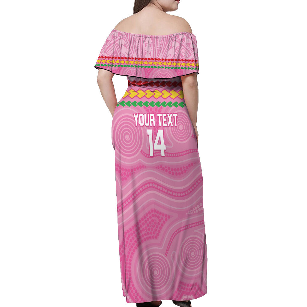 Penrith Panthers Rugby Custom Off Shoulder Maxi Dress 60 Years Anniversary Pink Polynesian Aboriginal Art