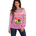 Penrith Panthers Rugby Custom Off Shoulder Sweater 60 Years Anniversary Pink Polynesian Aboriginal Art