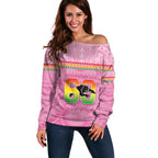 Penrith Panthers Rugby Custom Off Shoulder Sweater 60 Years Anniversary Pink Polynesian Aboriginal Art