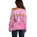 Penrith Panthers Rugby Custom Off Shoulder Sweater 60 Years Anniversary Pink Polynesian Aboriginal Art