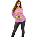 Penrith Panthers Rugby Custom Off Shoulder Sweater 60 Years Anniversary Pink Polynesian Aboriginal Art