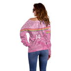 Penrith Panthers Rugby Custom Off Shoulder Sweater 60 Years Anniversary Pink Polynesian Aboriginal Art