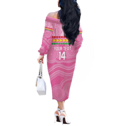 Penrith Panthers Rugby Custom Off The Shoulder Long Sleeve Dress 60 Years Anniversary Pink Polynesian Aboriginal Art