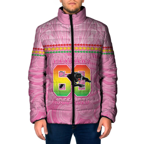 Penrith Panthers Rugby Custom Padded Jacket 60 Years Anniversary Pink Polynesian Aboriginal Art