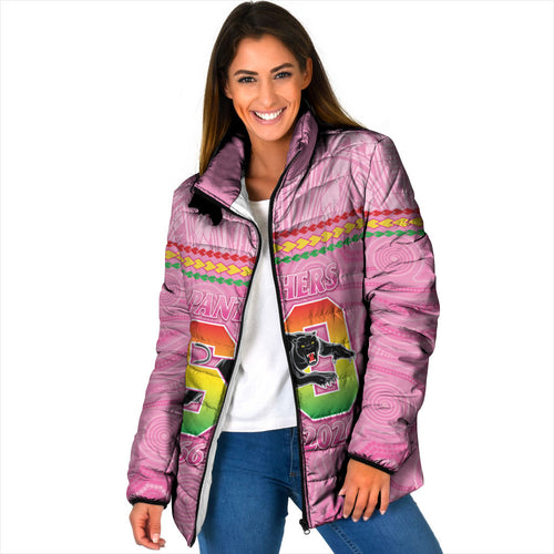 Penrith Panthers Rugby Custom Padded Jacket 60 Years Anniversary Pink Polynesian Aboriginal Art