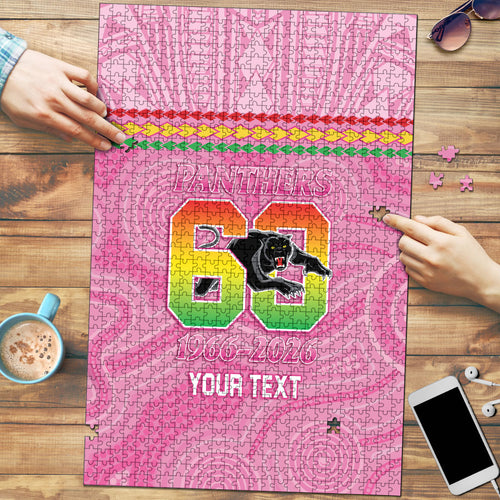 Penrith Panthers Rugby Custom Puzzle 60 Years Anniversary Pink Polynesian Aboriginal Art