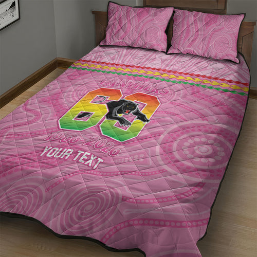 Penrith Panthers Rugby Custom Quilt Bed Set 60 Years Anniversary Pink Polynesian Aboriginal Art