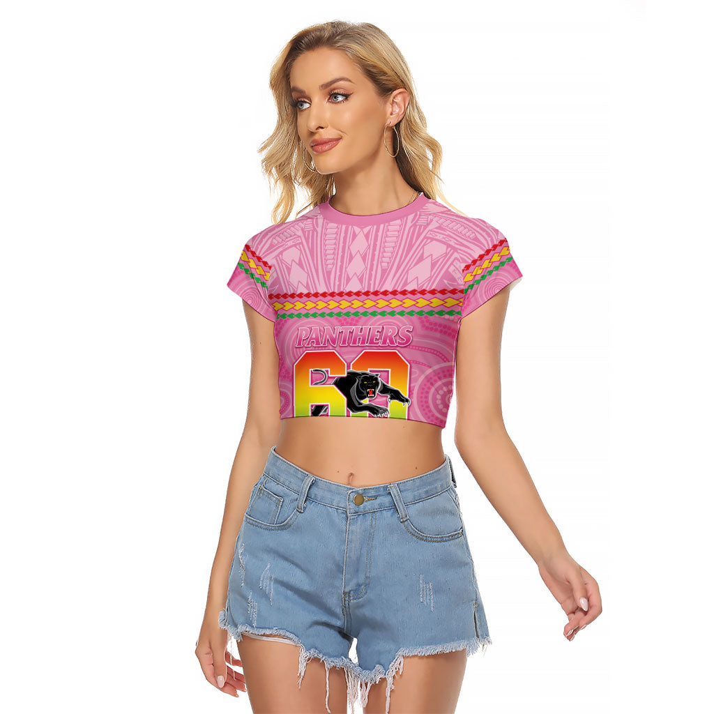 Penrith Panthers Rugby Custom Raglan Cropped T Shirt 60 Years Anniversary Pink Polynesian Aboriginal Art