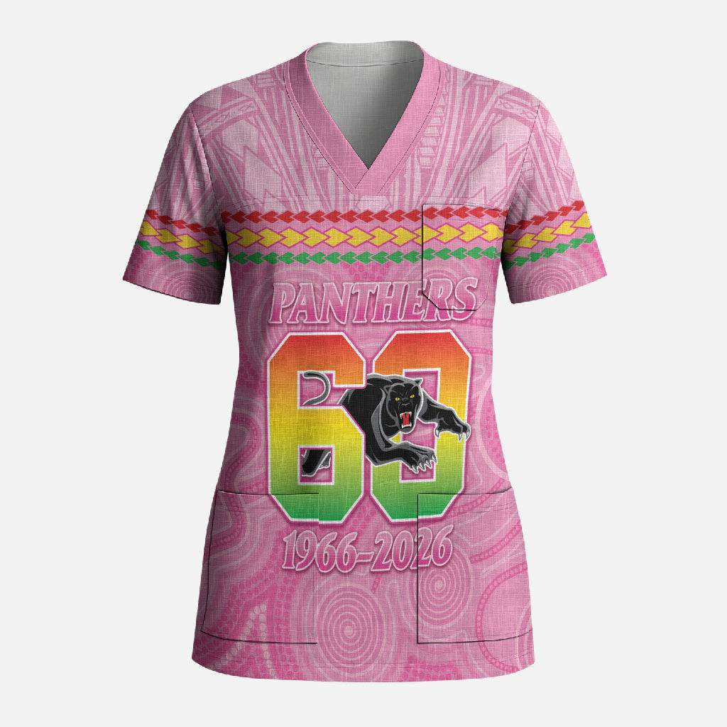 Penrith Panthers Rugby Custom Scrub Top 60 Years Anniversary Pink Polynesian Aboriginal Art