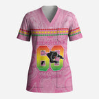 Penrith Panthers Rugby Custom Scrub Top 60 Years Anniversary Pink Polynesian Aboriginal Art