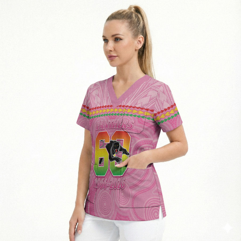 Penrith Panthers Rugby Custom Scrub Top 60 Years Anniversary Pink Polynesian Aboriginal Art