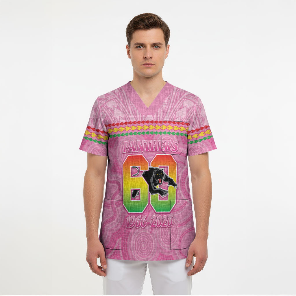 Penrith Panthers Rugby Custom Scrub Top 60 Years Anniversary Pink Polynesian Aboriginal Art