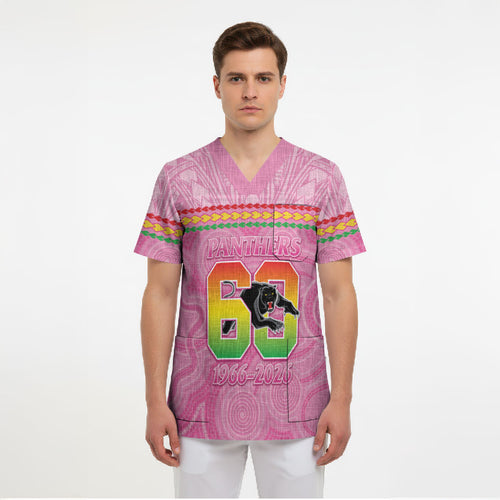 Penrith Panthers Rugby Custom Scrub Top 60 Years Anniversary Pink Polynesian Aboriginal Art
