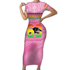 Penrith Panthers Rugby Custom Short Sleeve Bodycon Dress 60 Years Anniversary Pink Polynesian Aboriginal Art