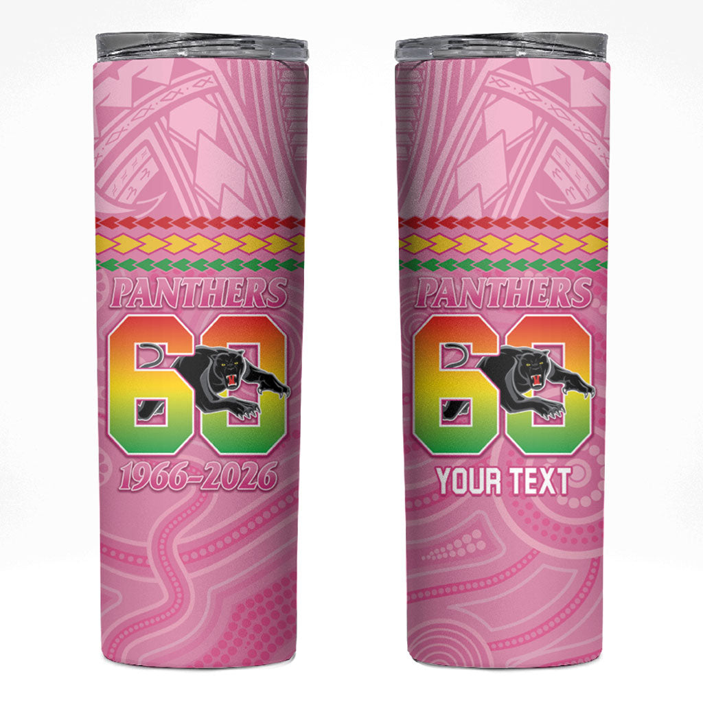 Penrith Panthers Rugby Custom Skinny Tumbler 60 Years Anniversary Pink Polynesian Aboriginal Art