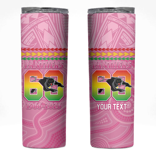 Penrith Panthers Rugby Custom Skinny Tumbler 60 Years Anniversary Pink Polynesian Aboriginal Art