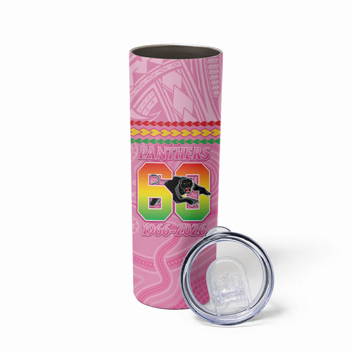 Penrith Panthers Rugby Custom Skinny Tumbler 60 Years Anniversary Pink Polynesian Aboriginal Art