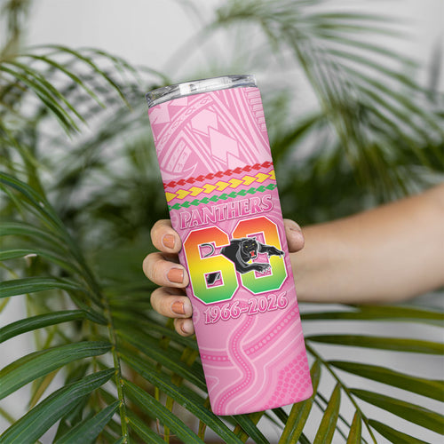 Penrith Panthers Rugby Custom Skinny Tumbler 60 Years Anniversary Pink Polynesian Aboriginal Art