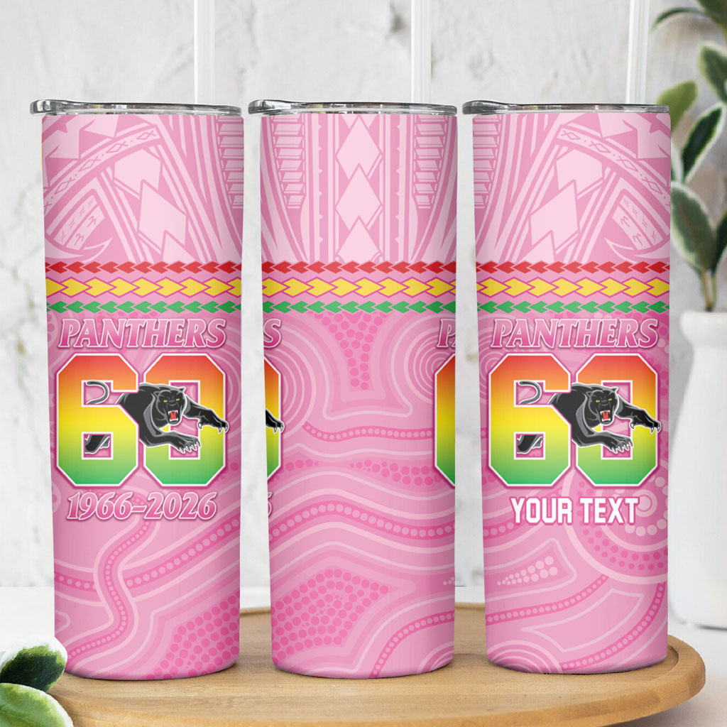 Penrith Panthers Rugby Custom Skinny Tumbler 60 Years Anniversary Pink Polynesian Aboriginal Art