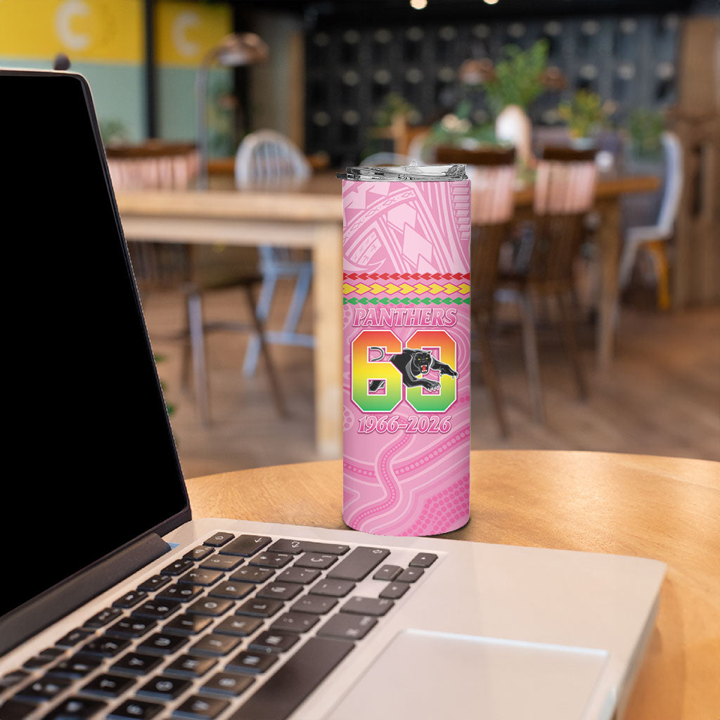 Penrith Panthers Rugby Custom Skinny Tumbler 60 Years Anniversary Pink Polynesian Aboriginal Art