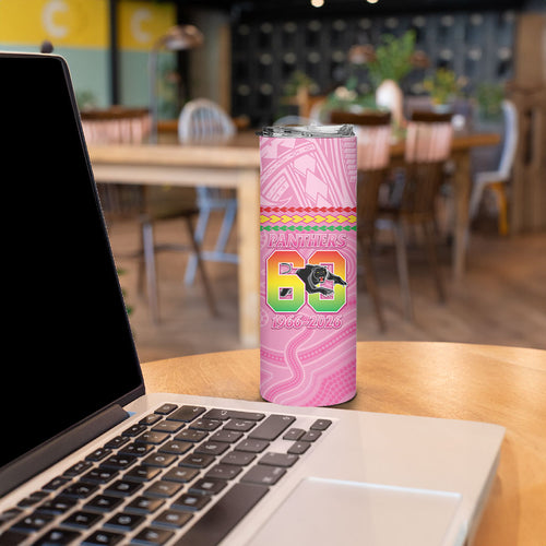 Penrith Panthers Rugby Custom Skinny Tumbler 60 Years Anniversary Pink Polynesian Aboriginal Art
