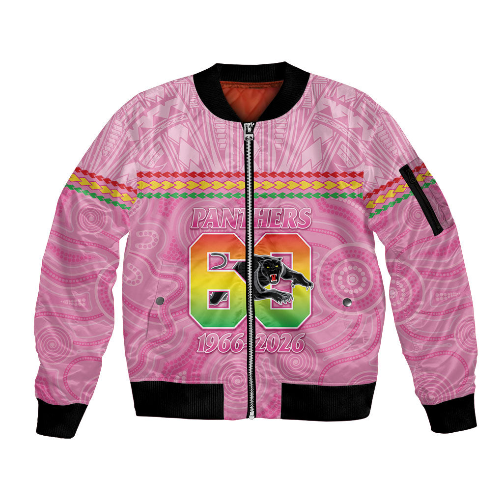 Penrith Panthers Rugby Custom Sleeve Zip Bomber Jacket 60 Years Anniversary Pink Polynesian Aboriginal Art