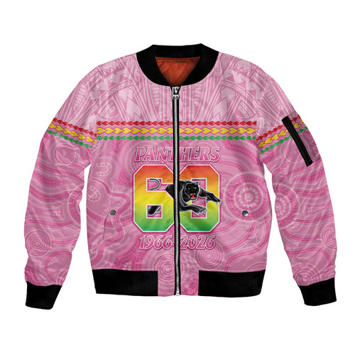 Penrith Panthers Rugby Custom Sleeve Zip Bomber Jacket 60 Years Anniversary Pink Polynesian Aboriginal Art