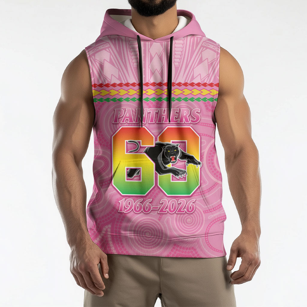Penrith Panthers Rugby Custom Sleeveless Hoodie 60 Years Anniversary Pink Polynesian Aboriginal Art