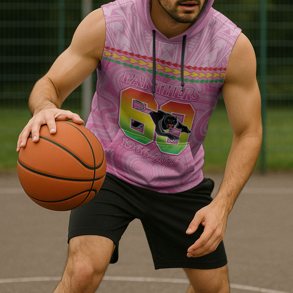 Penrith Panthers Rugby Custom Sleeveless Hoodie 60 Years Anniversary Pink Polynesian Aboriginal Art