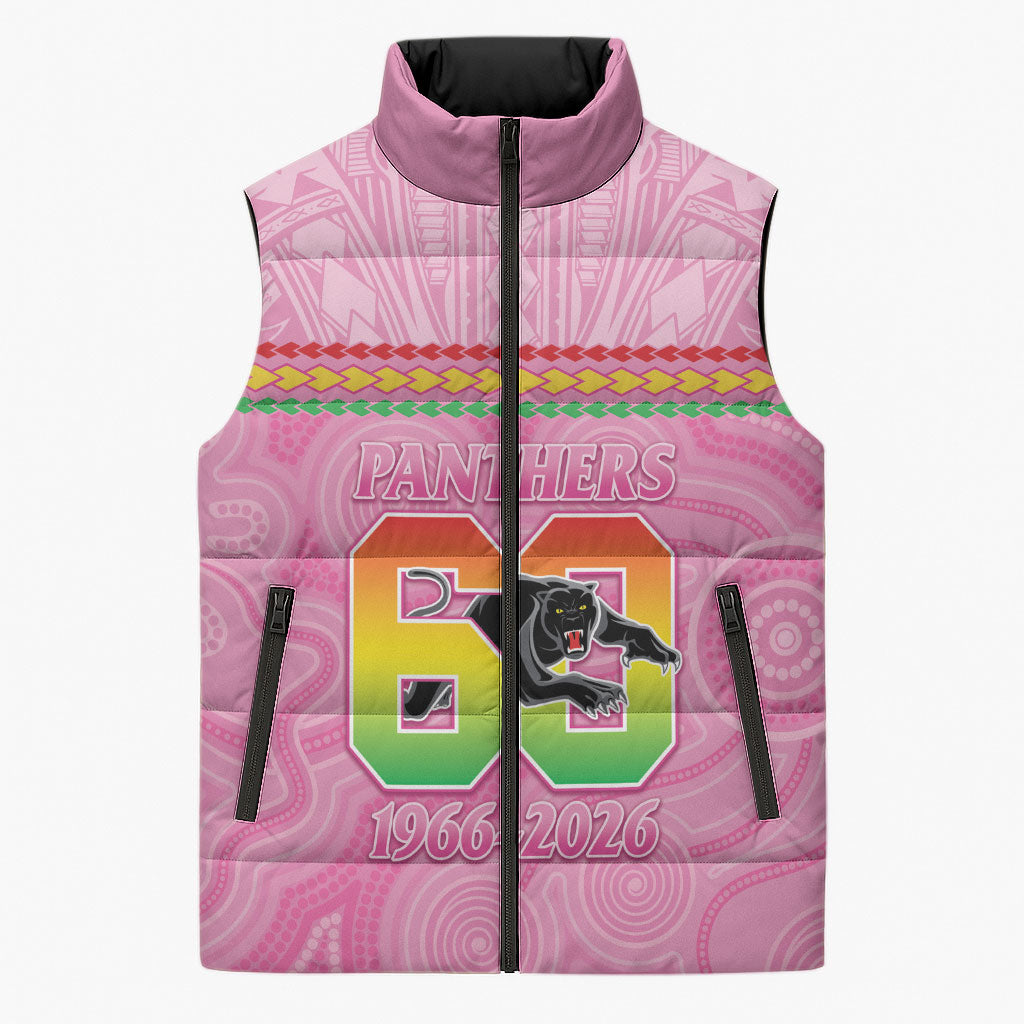 Penrith Panthers Rugby Custom Sleeveless Puffer Jacket 60 Years Anniversary Pink Polynesian Aboriginal Art