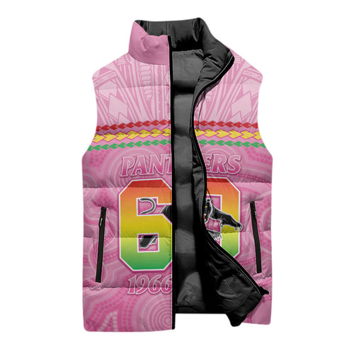 Penrith Panthers Rugby Custom Sleeveless Puffer Jacket 60 Years Anniversary Pink Polynesian Aboriginal Art