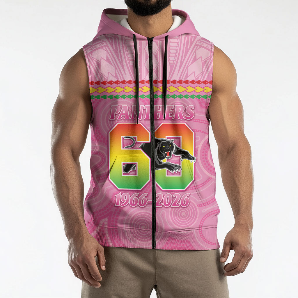 Penrith Panthers Rugby Custom Sleeveless Zip Hoodie 60 Years Anniversary Pink Polynesian Aboriginal Art