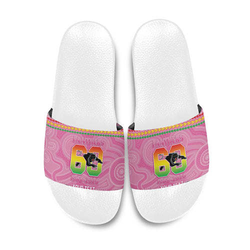 Penrith Panthers Rugby Custom Slide Sandals 60 Years Anniversary Pink Polynesian Aboriginal Art