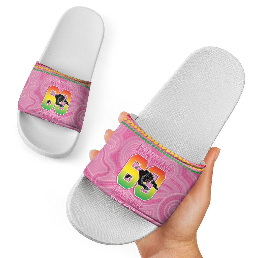 Penrith Panthers Rugby Custom Slide Sandals 60 Years Anniversary Pink Polynesian Aboriginal Art