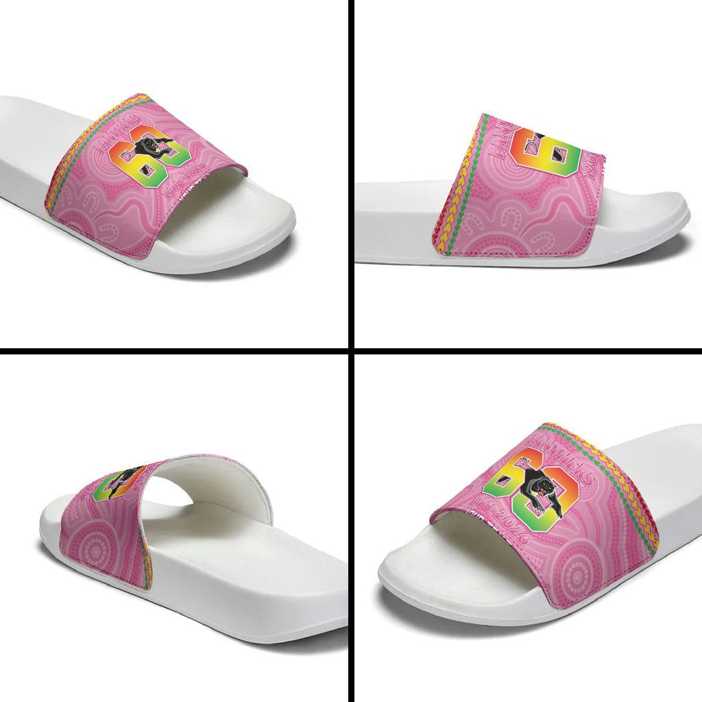 Penrith Panthers Rugby Custom Slide Sandals 60 Years Anniversary Pink Polynesian Aboriginal Art