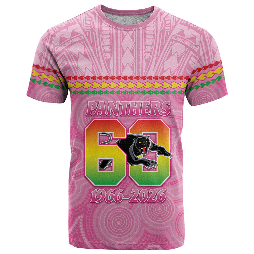 Penrith Panthers Rugby Custom T Shirt 60 Years Anniversary Pink Polynesian Aboriginal Art