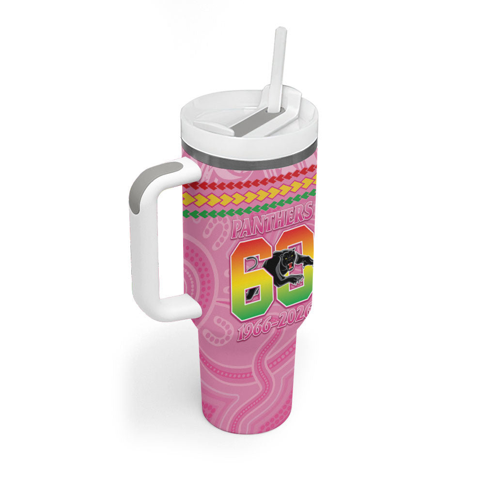 Penrith Panthers Rugby Custom Tumbler With Handle 60 Years Anniversary Pink Polynesian Aboriginal Art