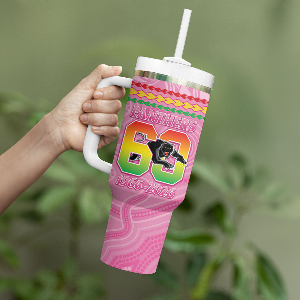 Penrith Panthers Rugby Custom Tumbler With Handle 60 Years Anniversary Pink Polynesian Aboriginal Art