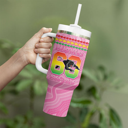 Penrith Panthers Rugby Custom Tumbler With Handle 60 Years Anniversary Pink Polynesian Aboriginal Art