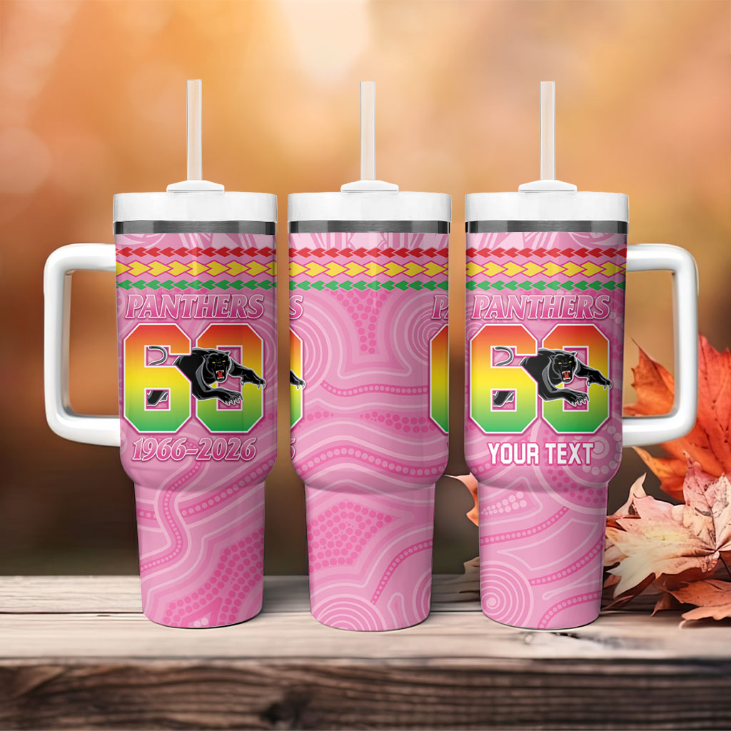 Penrith Panthers Rugby Custom Tumbler With Handle 60 Years Anniversary Pink Polynesian Aboriginal Art