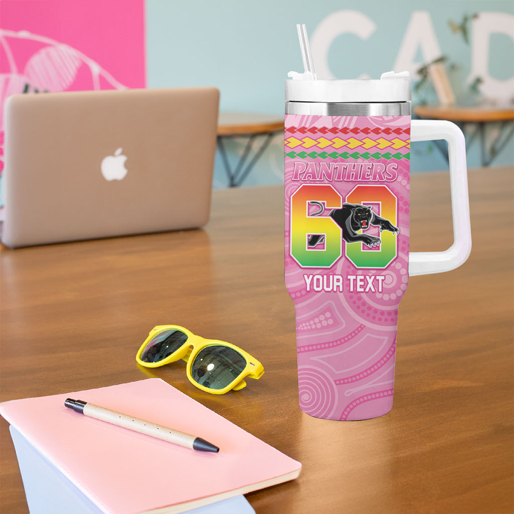 Penrith Panthers Rugby Custom Tumbler With Handle 60 Years Anniversary Pink Polynesian Aboriginal Art